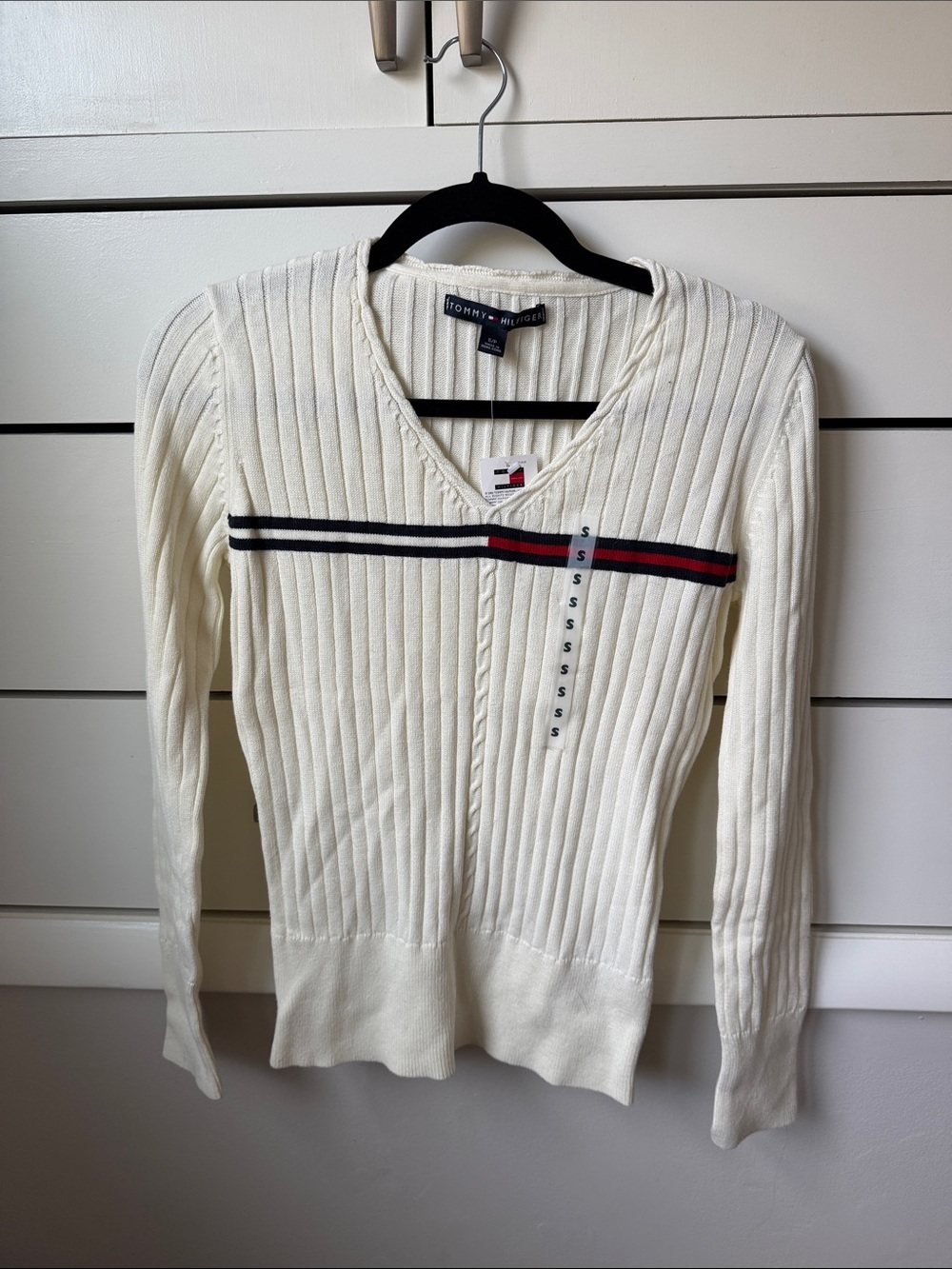 Tommy Hilfiger Cream Ribbed V-Neck Sweater with Navy & Red Stripe